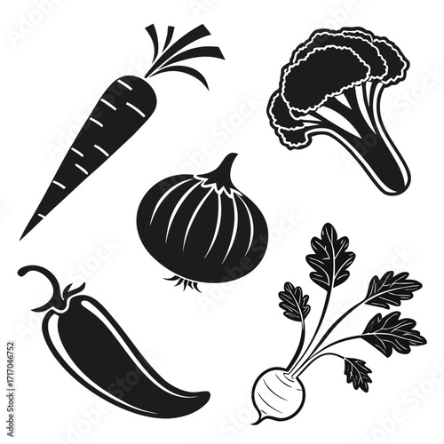 Black and white silhouette icons of fresh vegetables