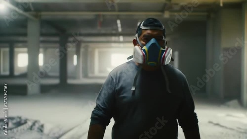 Man in respirator walking through a dusty industrial environment.