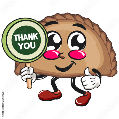 cute empanada mascot character vector illustration carrying a sign saying thank you, work of hand drawn