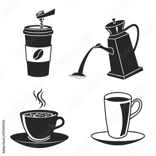Coffee Icons with Pouring Kettle and Steaming Cups