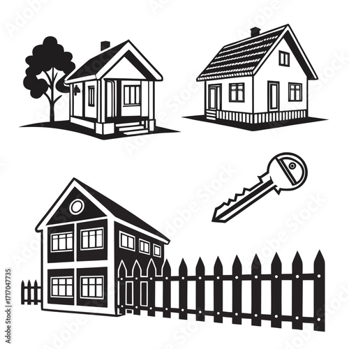 Collection of house icons, fence, and key home building
