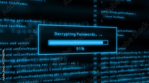 Blue glowing progress bar shows 100%  decrypting passwords on a dark background with code loading bar