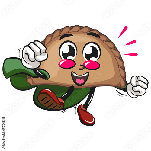 cute empanada mascot character vector illustration as flying superhero wearing a robe, work of hand drawn