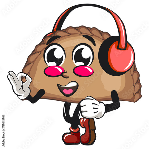 cute empanada mascot character vector illustration listening to headset while dancing, work of hand drawn