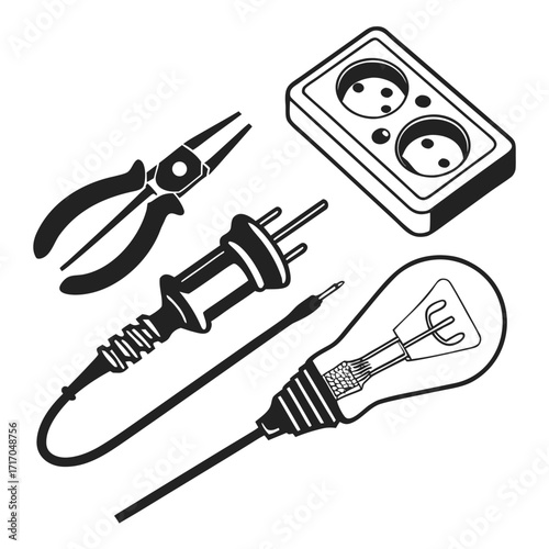 Electrical Tools and Components Isolated on White Background