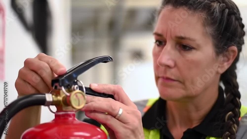 Woman Inspecting Fire Extinguisher Safety Equipment in Workplace Environment.