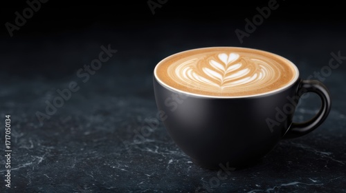 A captivating close-up of a beautifully crafted latte art in a sleek black ceramic mug, a perfect fusion of coffee artistry and modern design.