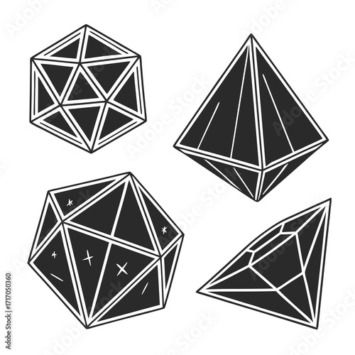 Four Geometric Crystal Shapes With Symbols In Black Silhouette