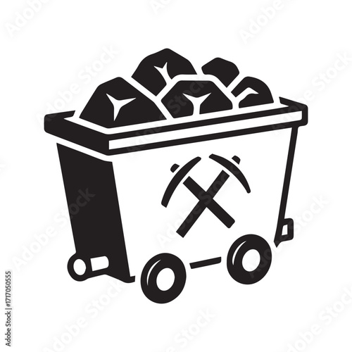 Mine Cart with Coal Vector Icon, Glyph Symbol for Mining Industry and Fossil Fuel Energy
