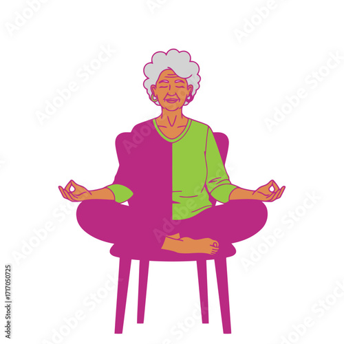 Vector art of elderly woman meditating in a lotus position on a chair