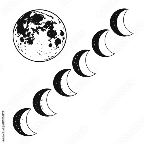 Full Moon and Sequential Crescent Moon Phases lunar cycle