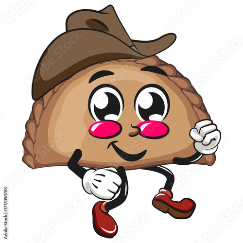 cute empanada mascot character vector illustration wearing a cowboy hat walking, work of hand drawn