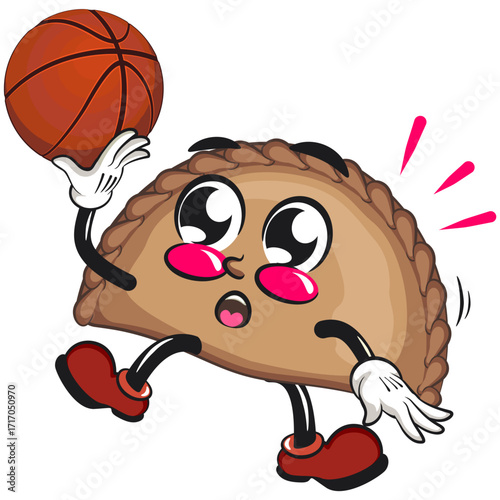cute empanada mascot character vector illustration playing basketball, work of hand drawn