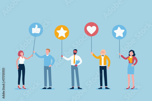 Diverse group of people holding signs with positive feedback icons like thumb up heart and stars