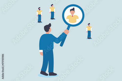 Man using a magnifying glass to examine and select one person from a group of people