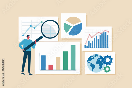 Man analyzing financial charts and graphs with magnifying glass showing business growth and global data