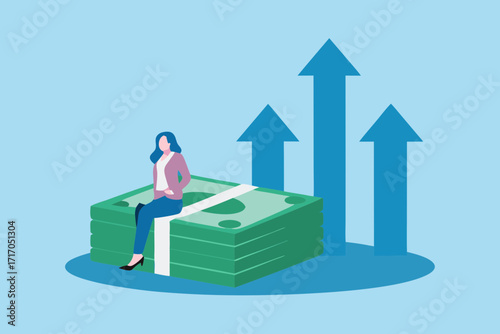 Woman sitting on stack of money with upward trending arrows representing financial growth and success