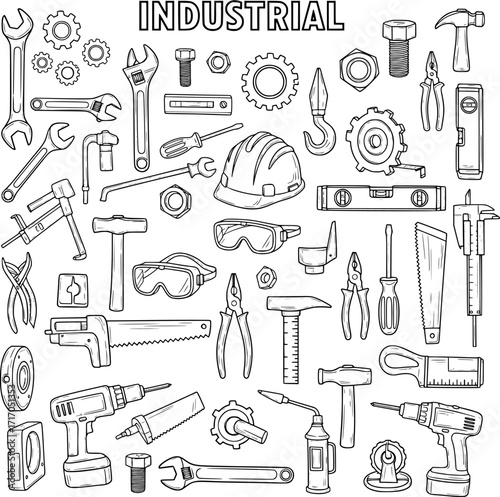 Hand-drawn Industrial Tools and Equipment Vector Set: Workshop Repair, Construction, Maintenance Kit Line Art Sketch Collection