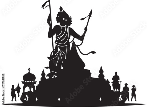 Elegant black and white vector style silhouette of Tamil festival with timeless and advanced space technology on white background.