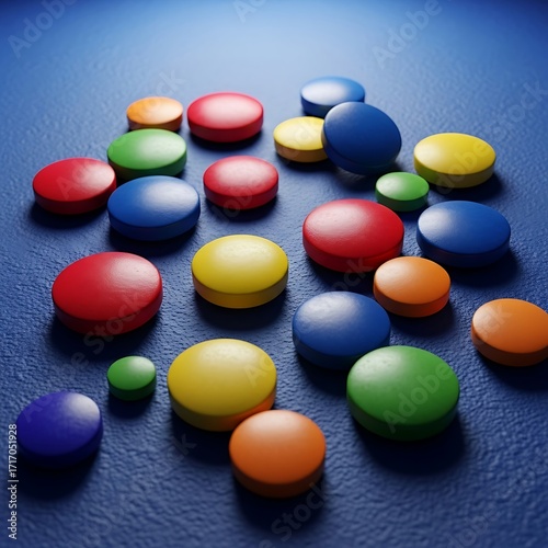 Colorful Round Pills Scattered on Blue Surface.