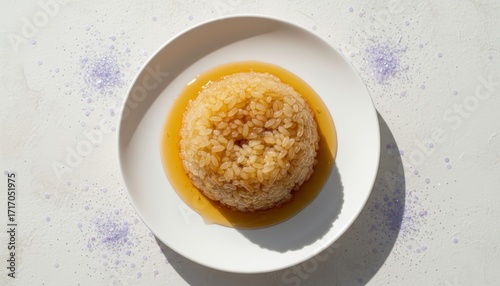 Delicious bowl of steamed rice garnished with savory sauce, showcasing a simple and elegant presentation on a light background with subtle textures