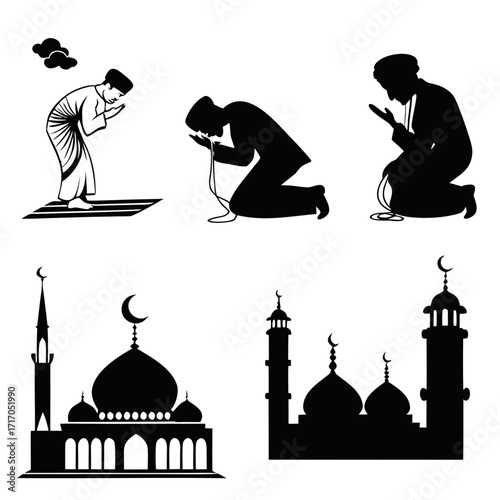 Islamic Prayer and Mosque Silhouettes muslim praying