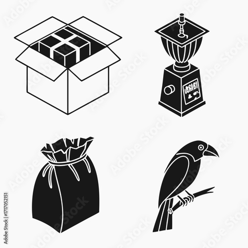 Isometric icons of packaging and a coffee grinder cardboard