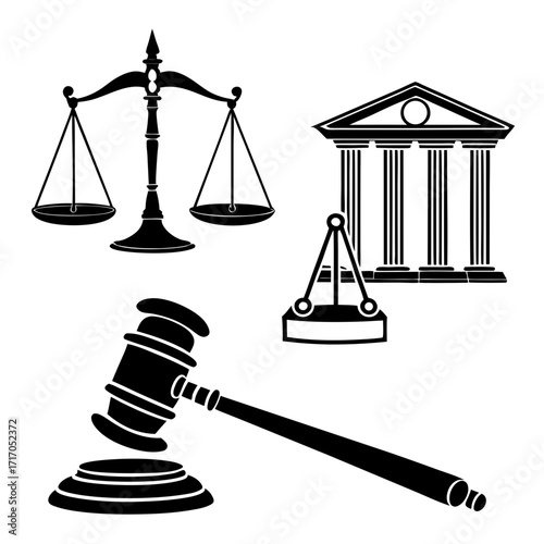 Justice Scales Gavel and Courthouse Icons Black legal