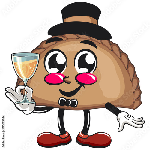 cute empanada mascot character vector illustration wearing a hat and bow tie raising a wine glass, work of hand drawn