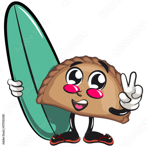 cute empanada mascot character vector illustration surfboard, work of hand drawn