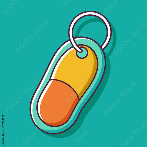 Stylized pill shaped keychain with a bright orange and yellow design
