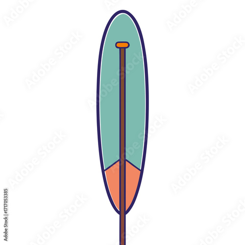 Stylized paddleboard and paddle with a feather motif