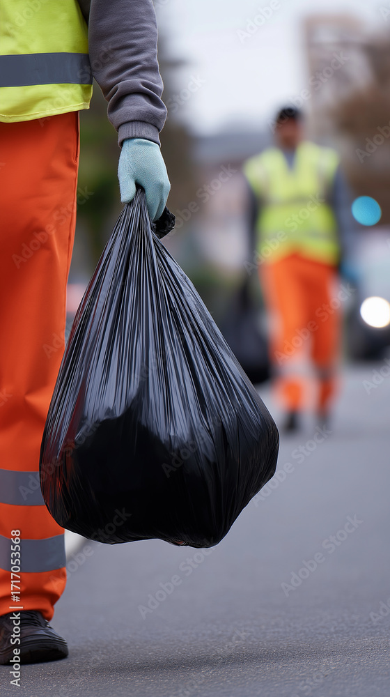Obraz premium Worker holding black garbage bag on street at sunset.