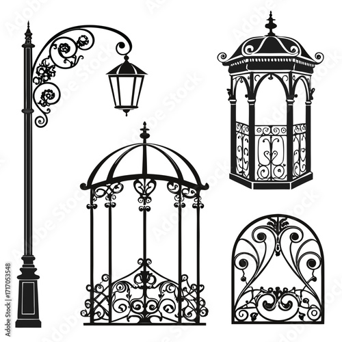 Ornate Black Silhouettes of Victorian Garden Elements
