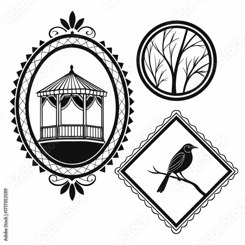 Ornately Framed Silhouettes of Nature and Architecture Keywords: silhouette, gazebo, rotunda