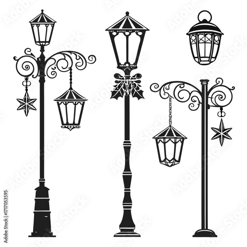 Ornate vintage street lamps with Christmas ornaments and holly Keywords: street lamp, lamppost