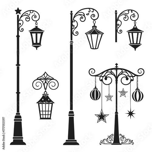 Ornate Street Lamp Silhouettes with Decorative Elements