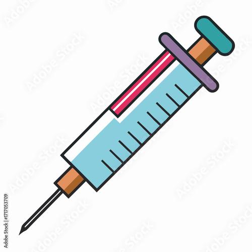 Stylized medical syringe with blue liquid and needle