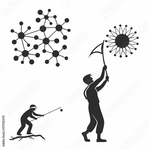 People interacting with abstract molecular structures and a dandelion-like object