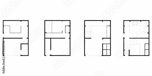 Set of four minimalist architectural floor plan illustrations showing different interior layouts and room arrangements