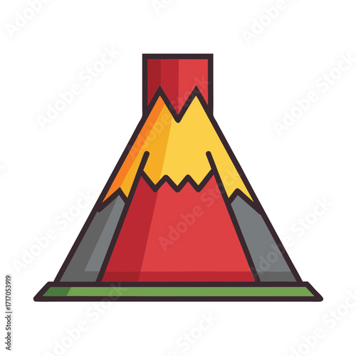 Stylized illustration of a red and yellow volcano erupting with lava