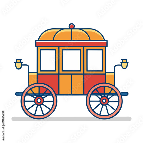 Colorful vintage horse drawn carriage with windows and lanterns