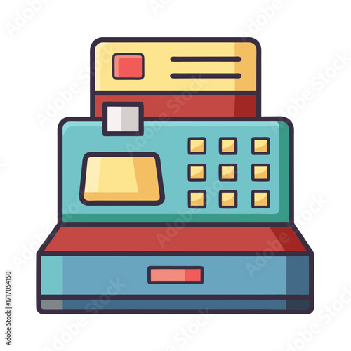 Retro cash register icon with colorful design and digital display