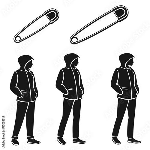 Safety Pins and Hooded Figures Silhouettes fastener