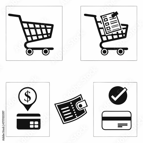 Shopping cart and payment icons with dollar sign shopping trolley
