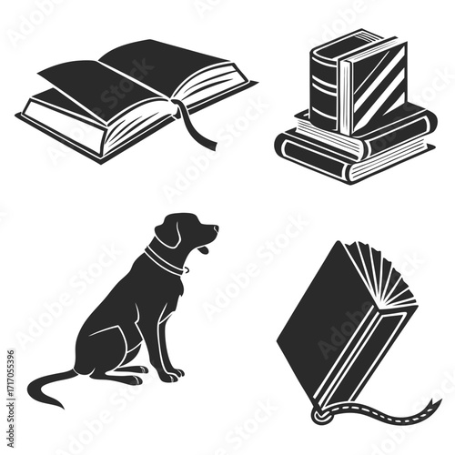 Silhouette of dog and books with open books Keywords: dog, silhouette, book, reading, education