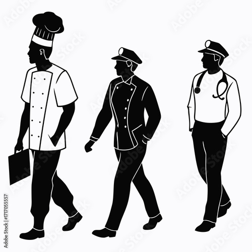 Silhouettes of chef police officer and doctor professions Keywords: silhouette, chef, police