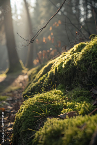 Lush green moss on forest floor texture natural light