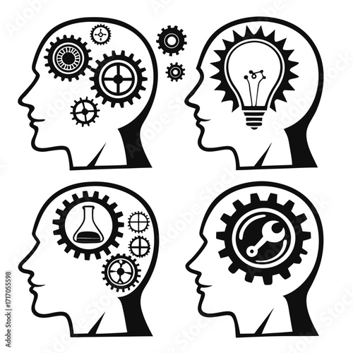 Silhouettes of heads with gears and symbols of thought