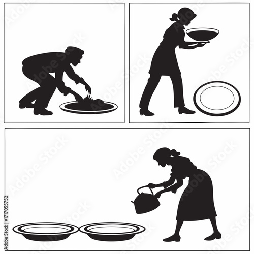 Silhouettes of People Preparing and Serving Food preparation
